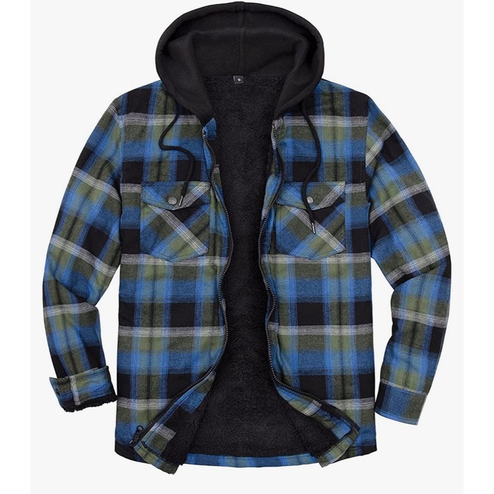 Blue Gear BG Men Sherpa Lined Full Zip Hooded Plaid Shirt Jacket M